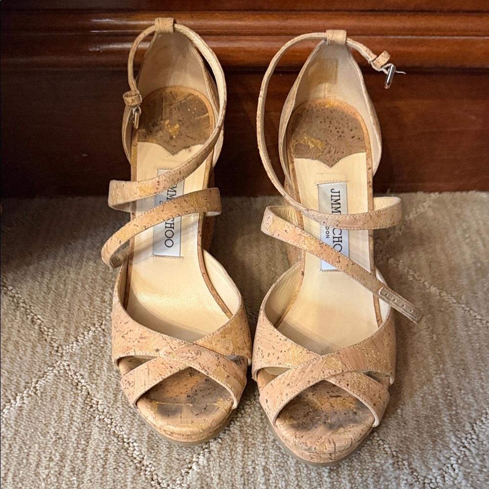 Jimmy Choo Beige Cork Strappy Wedges